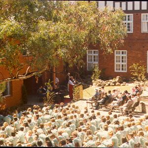 Courtyard during official opening of Mitchell Wing in 1980
