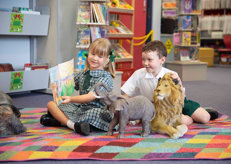 Two primary school students reading a book together in library.