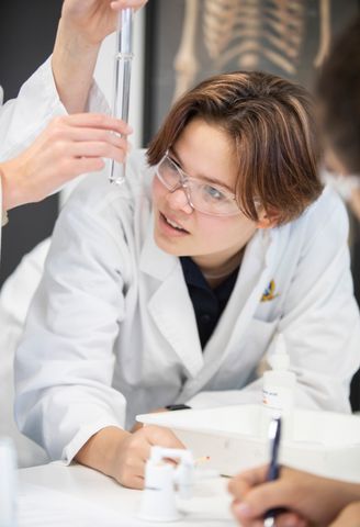 A student looks at a test tube experiment during a science lesson