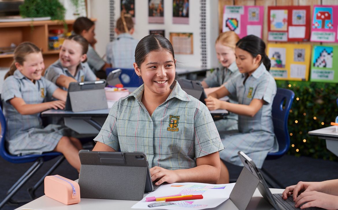 Penrhos Junior School students in classroom with iPads