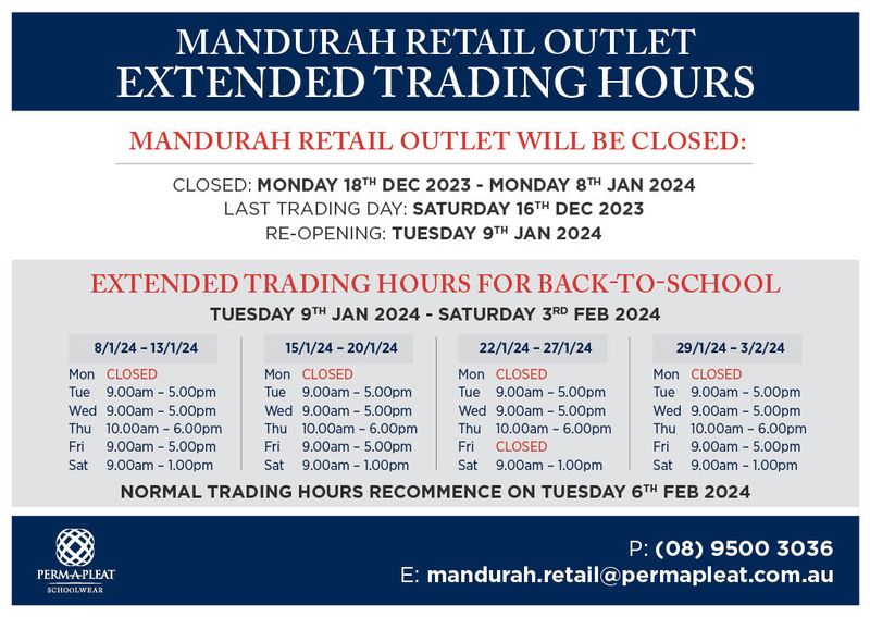 Perm-A-Pleat 2023/24 Holiday Trading Hours