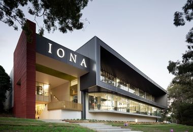 Iona's main building at sunset