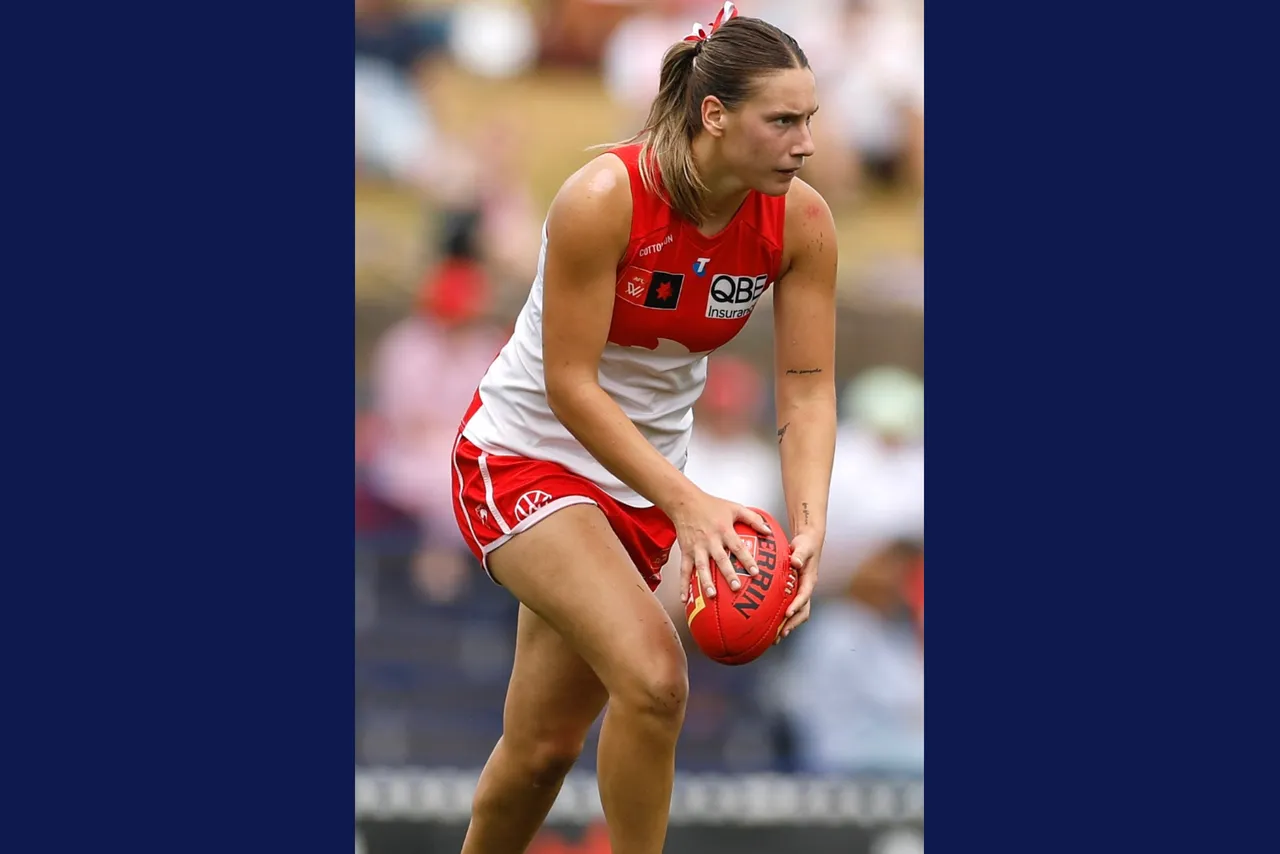 Action shot of Class of 2022 Old Collegian, Montana Ham, wearing her Sydney Swans AFL uniform and preparing to kick a football.
