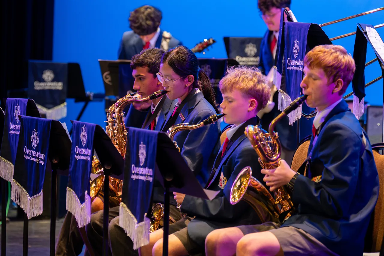 Middle and upper secondary school aged Performing Arts students performing as part of Overnewton's Big Band at the Annual Come Together 2026 concert held at the Clocktower Centre, Moonee Ponds.