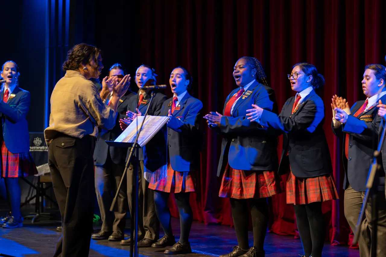 Upper secondary school aged Performing Arts students singing as part of the Senior School Choir at Overnewton's Annual Come Together 2026 concert held at the Clocktower Centre, Moonee Ponds.