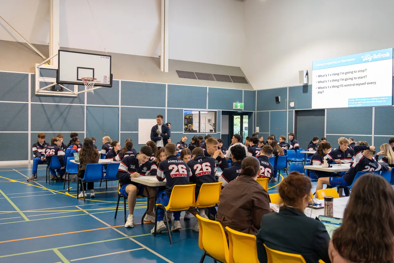 Facilitator Nick Orchard interacts with Year 12 students during "The Big Refresh" pastoral care incursion focusing on how to identify burnout, held at Yirramboi Campus, Keilor.