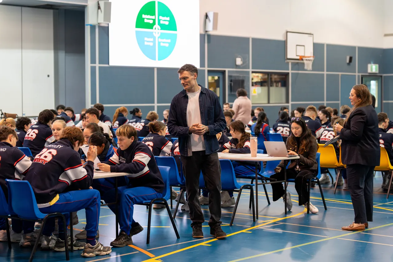Facilitator Nick Orchard interacts with Year 12 students during "The Big Refresh" pastoral care incursion focusing on how to identify burnout, held at Yirramboi Campus, Keilor.