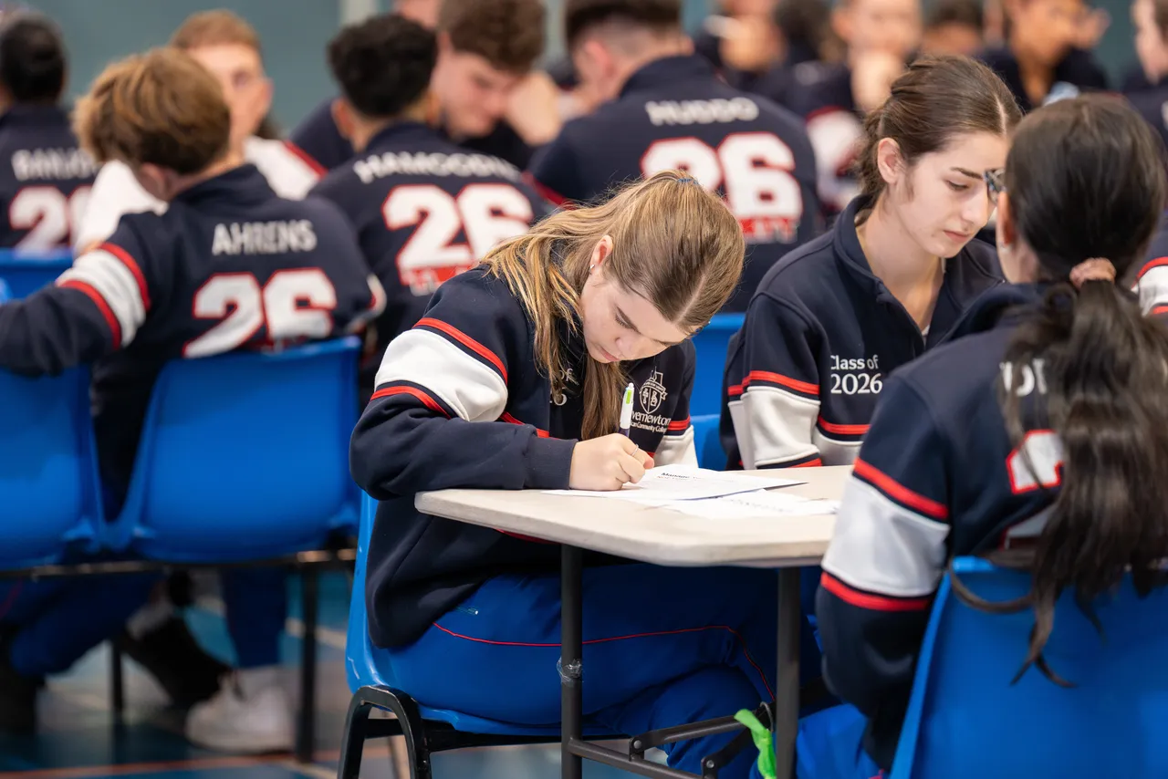 Year 12 student writing her pledge during "The Big Refresh" pastoral care incursion focusing on how to identify burnout, held at Yirramboi Campus, Keilor.