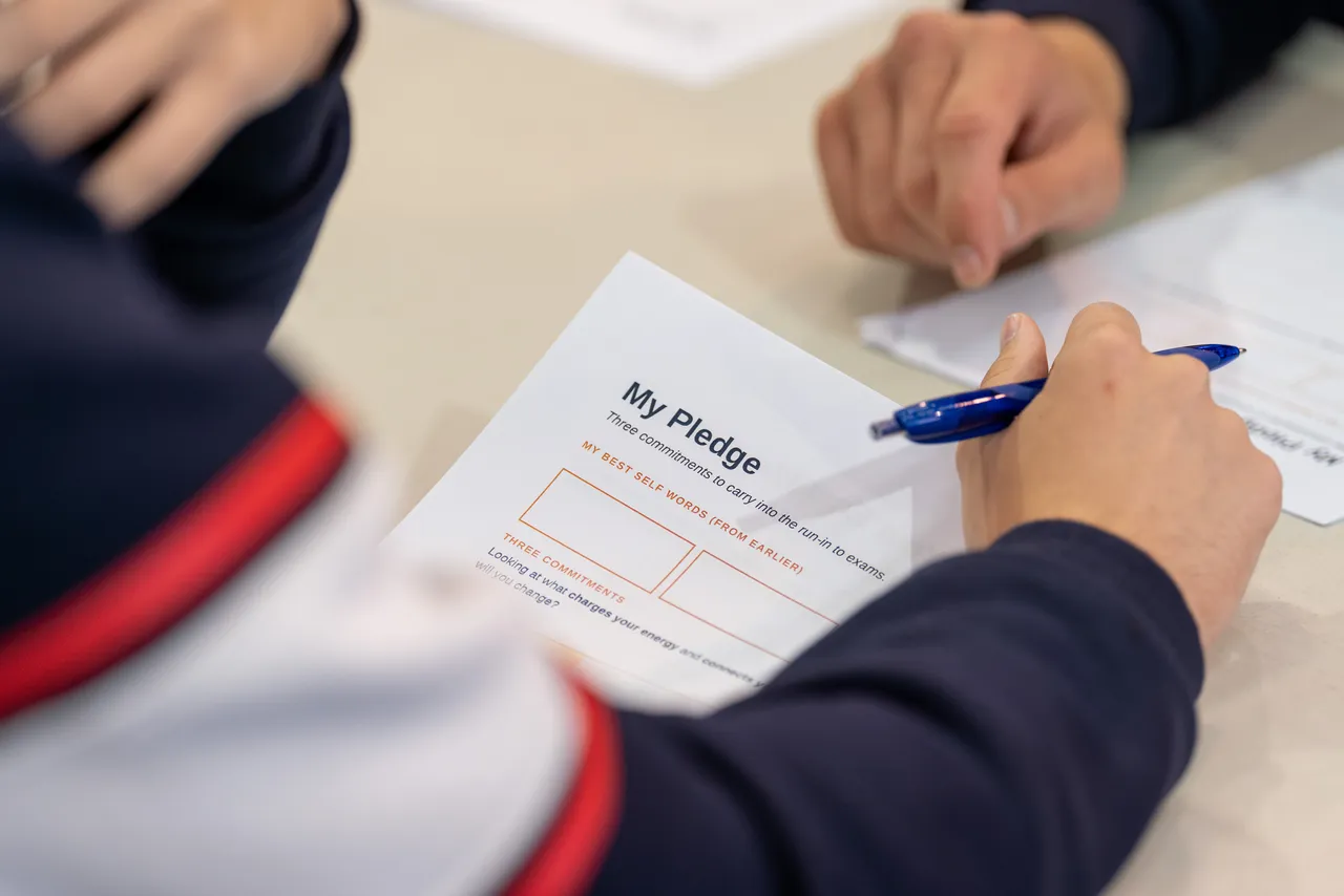 Year 12 student writing her pledge during "The Big Refresh" pastoral care incursion focusing on how to identify burnout, held at Yirramboi Campus, Keilor.