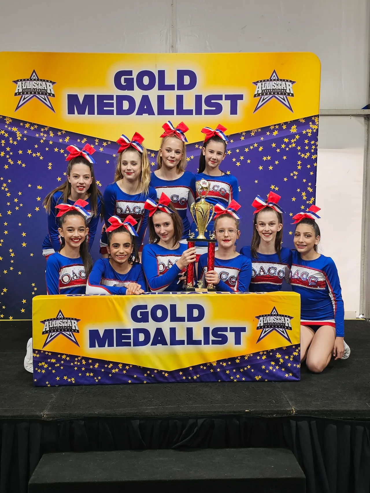 Upper primary school-aged students from the Overnewton Middle School Cheer team, Rays, celebrating in front of a Gold Medallist banner at the 2025 AASCF State Championships.