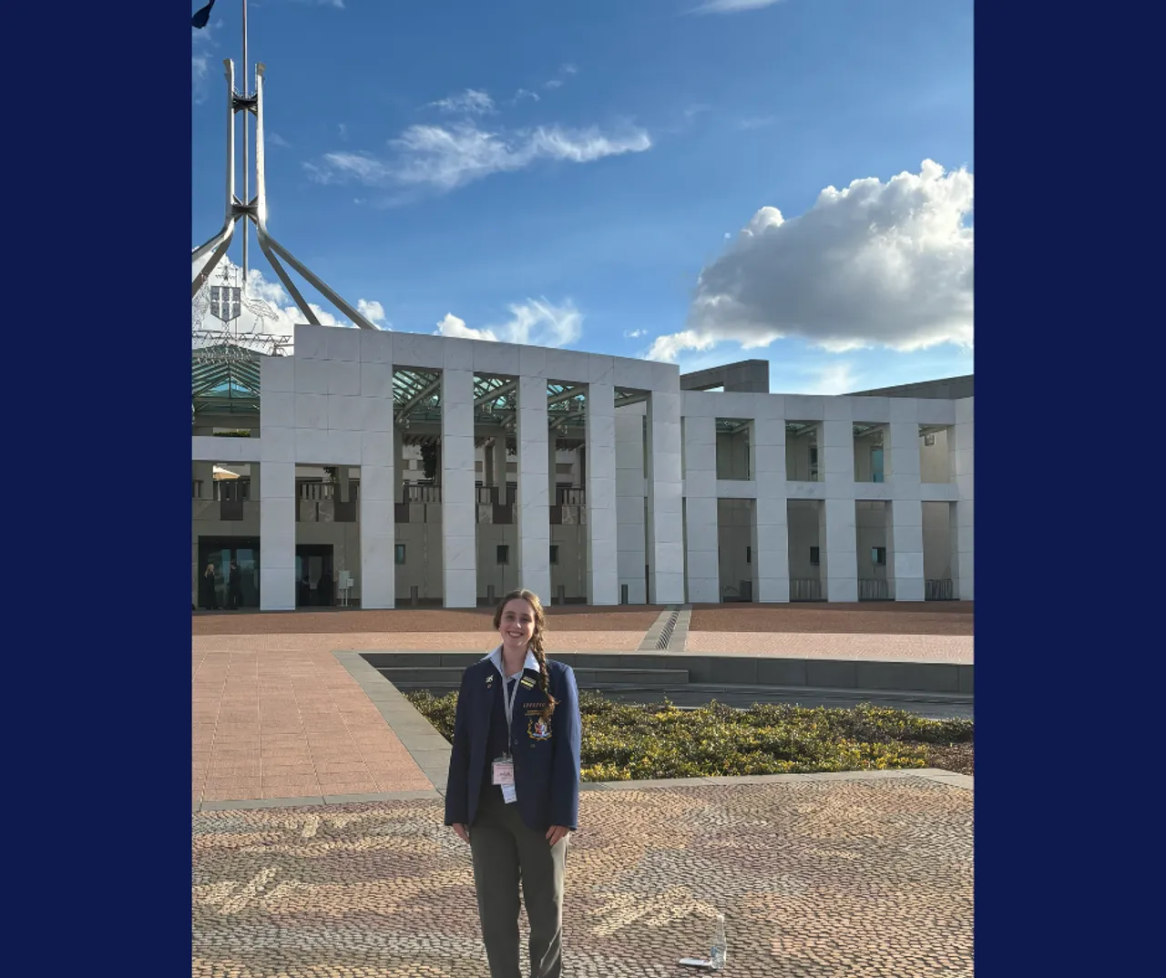 Upper secondary school aged Year 12 student Etienne outside Parliament House, during her visit to Canberra to attend the 31st National Schools Constitutional Convention.