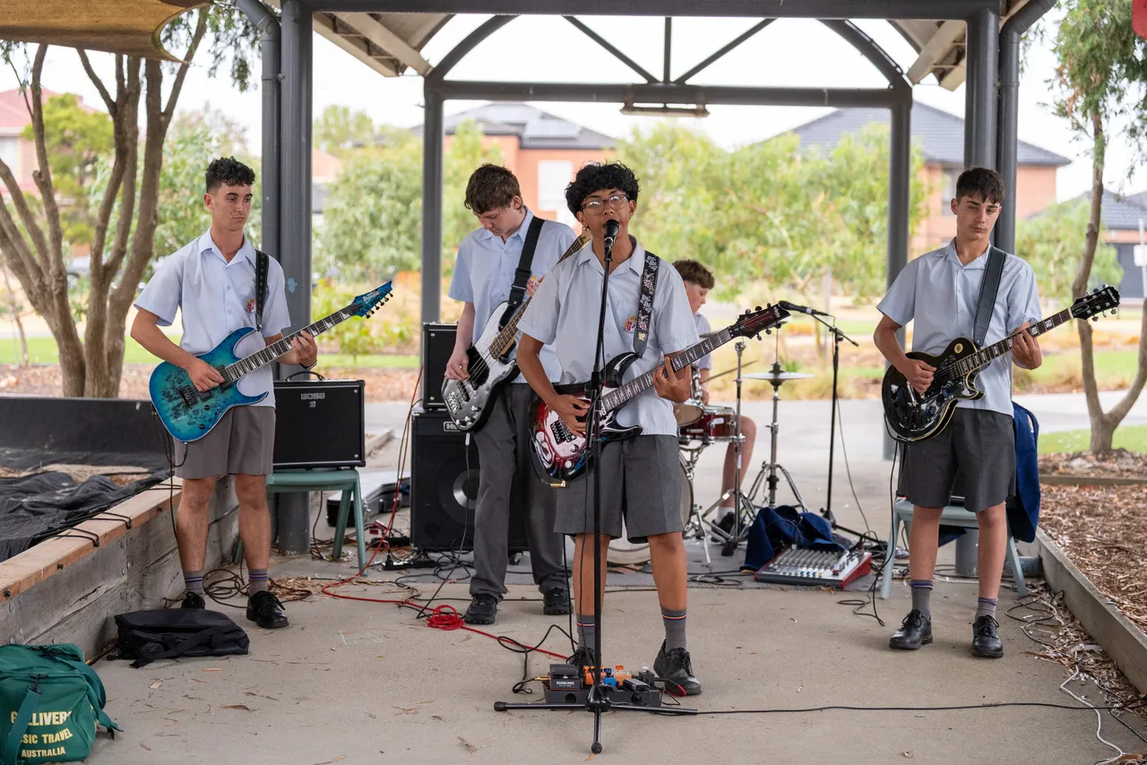 The energetic Year 9 Rock Band performing for community members at the inaugural Canowindra Parent Information Evening.