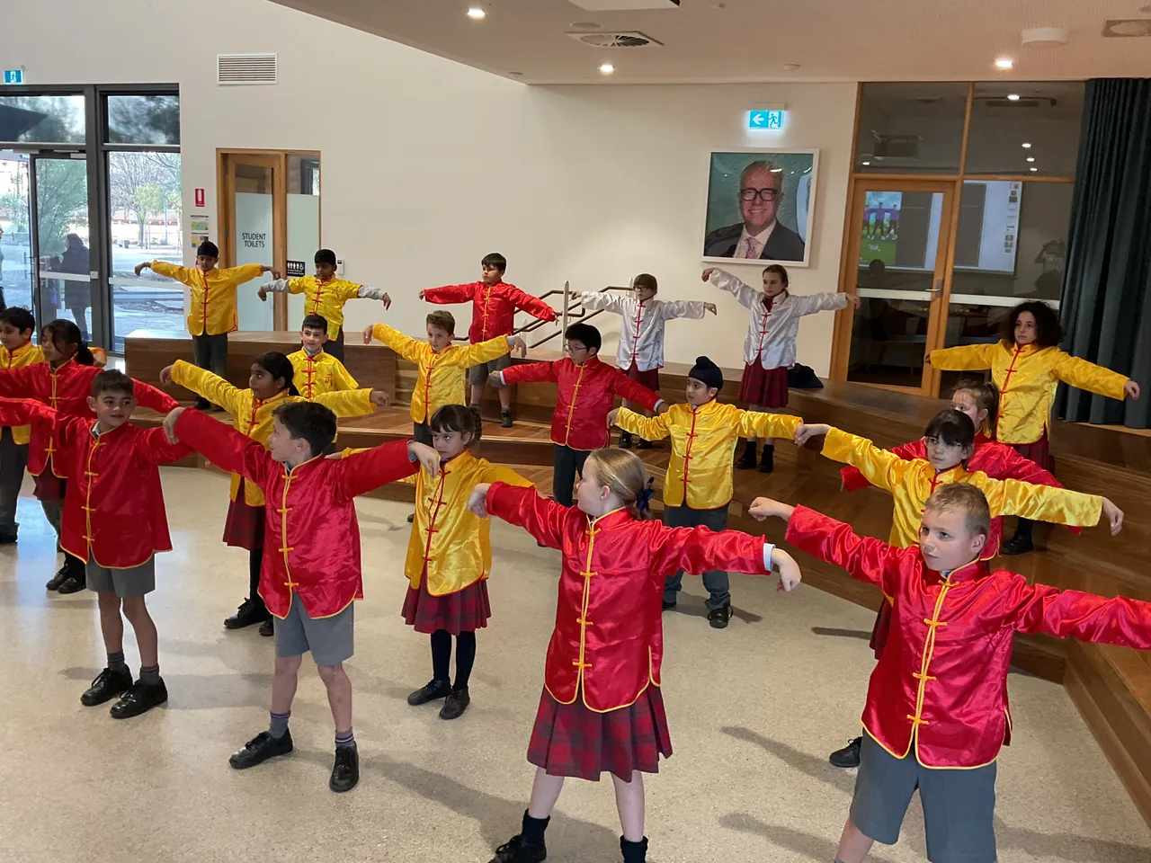 A class of middle primary school-aged children from the Junior School participating in an energetic Kung Fu demonstration during Overnewton’s 2025 Languages and Culture Week.