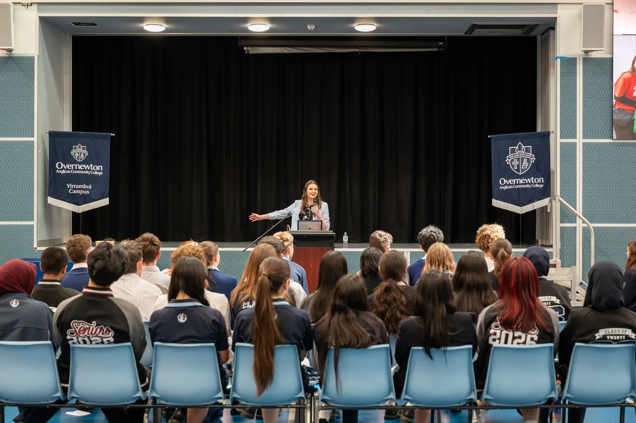 Federal member for Gorton, Alice Jordan-Baird, presenting as keynote speaker to student leaders from various schools in Melbourne's North West, as part of Overnewton's third annual Student Leadership Summit.