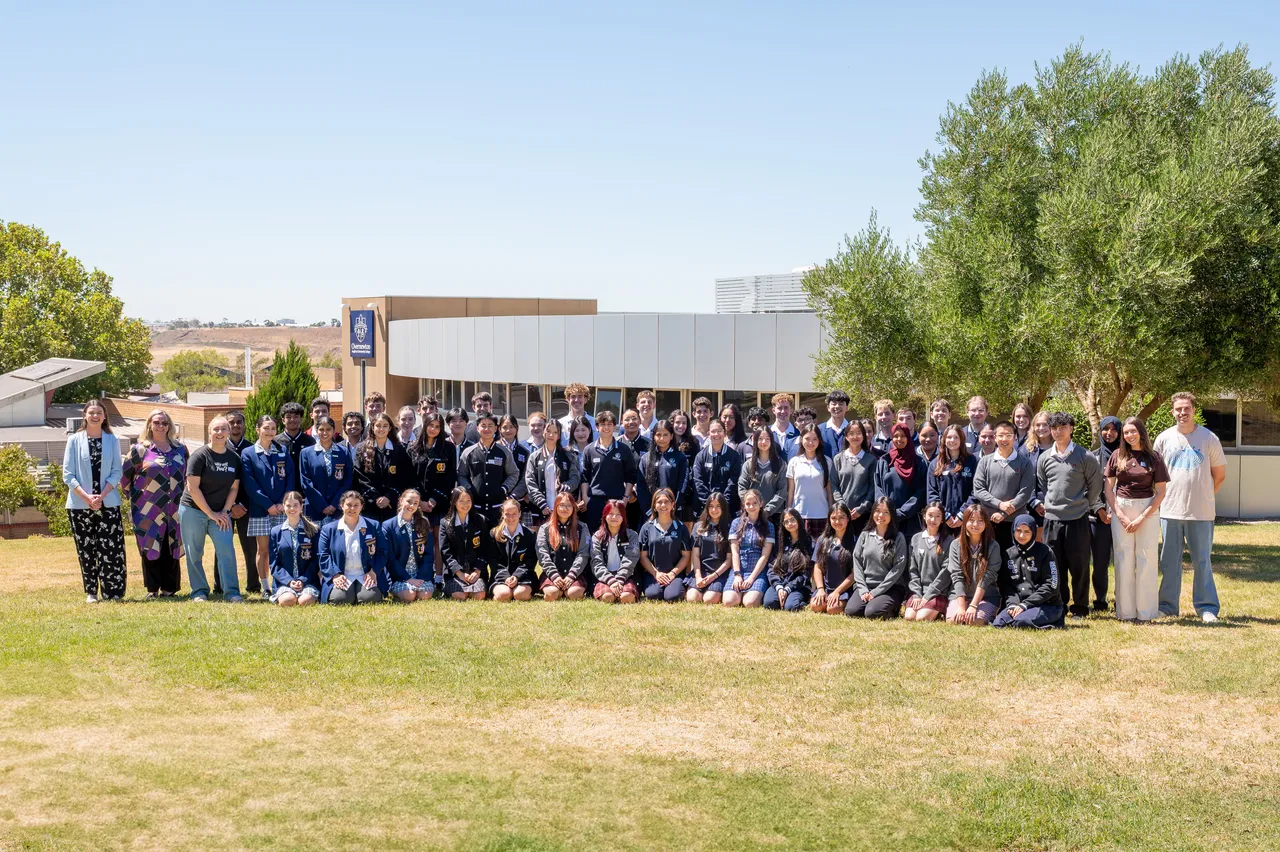 Group photo of more than 80 student attendees from various schools in Melbourne's North West who attended Overnewton's third annual Student Leadership Summit.
