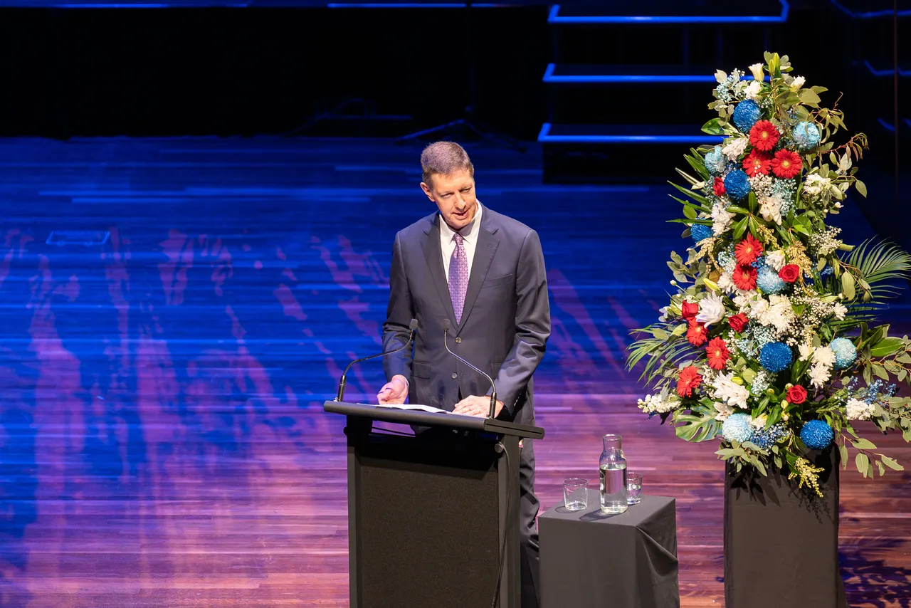 Chair of the Overnewton College Board, John Durow, speaking to the audience at Hamer Hall during the 2025 Presentation Night.