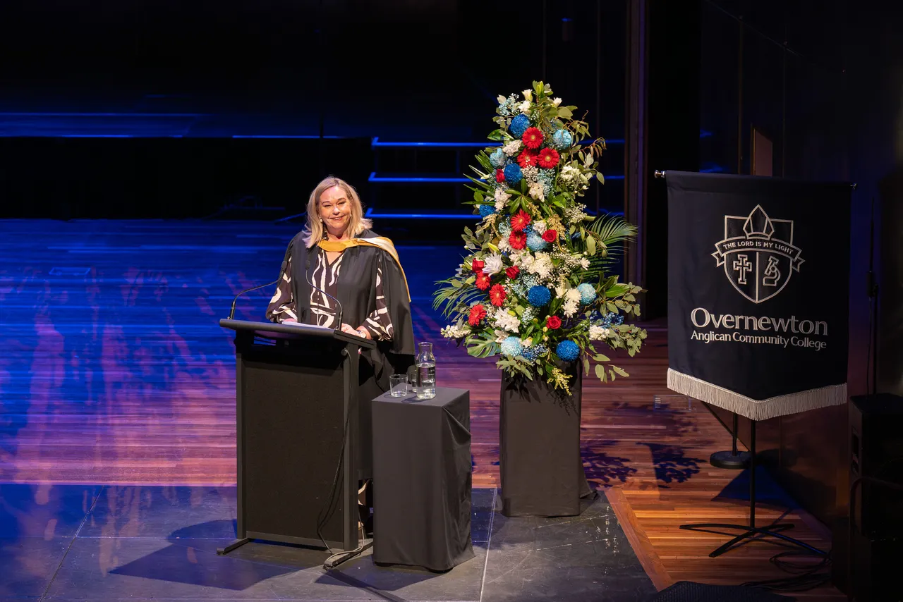Principal Emily FitzSimons speaking to the audience at Hamer Hall during Overnewton’s 2025 Presentation Night.