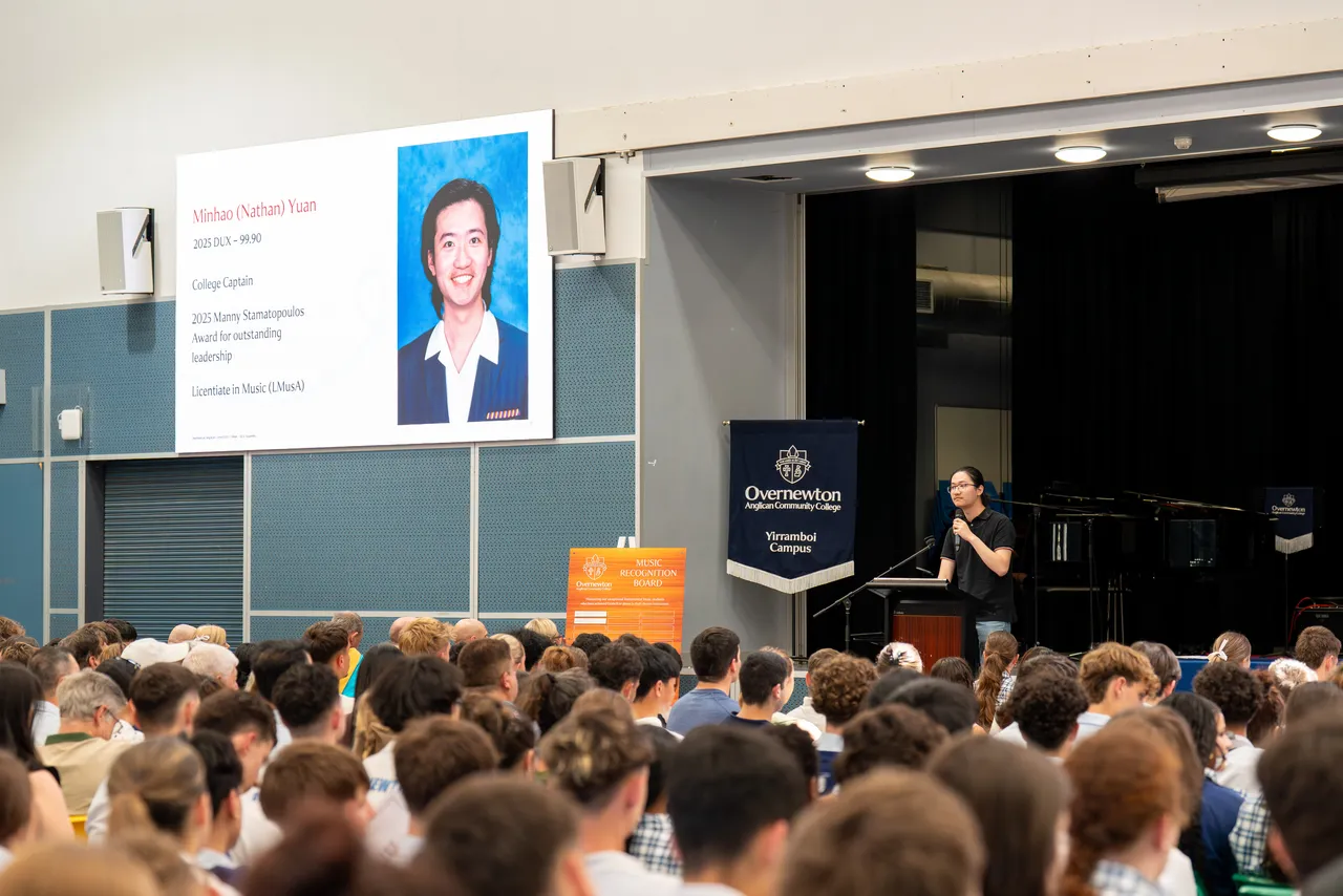 Class of 2025 College Dux Nathan Yuan speaks to students and parents at the Class of 2025 VCE Awards Assembly.