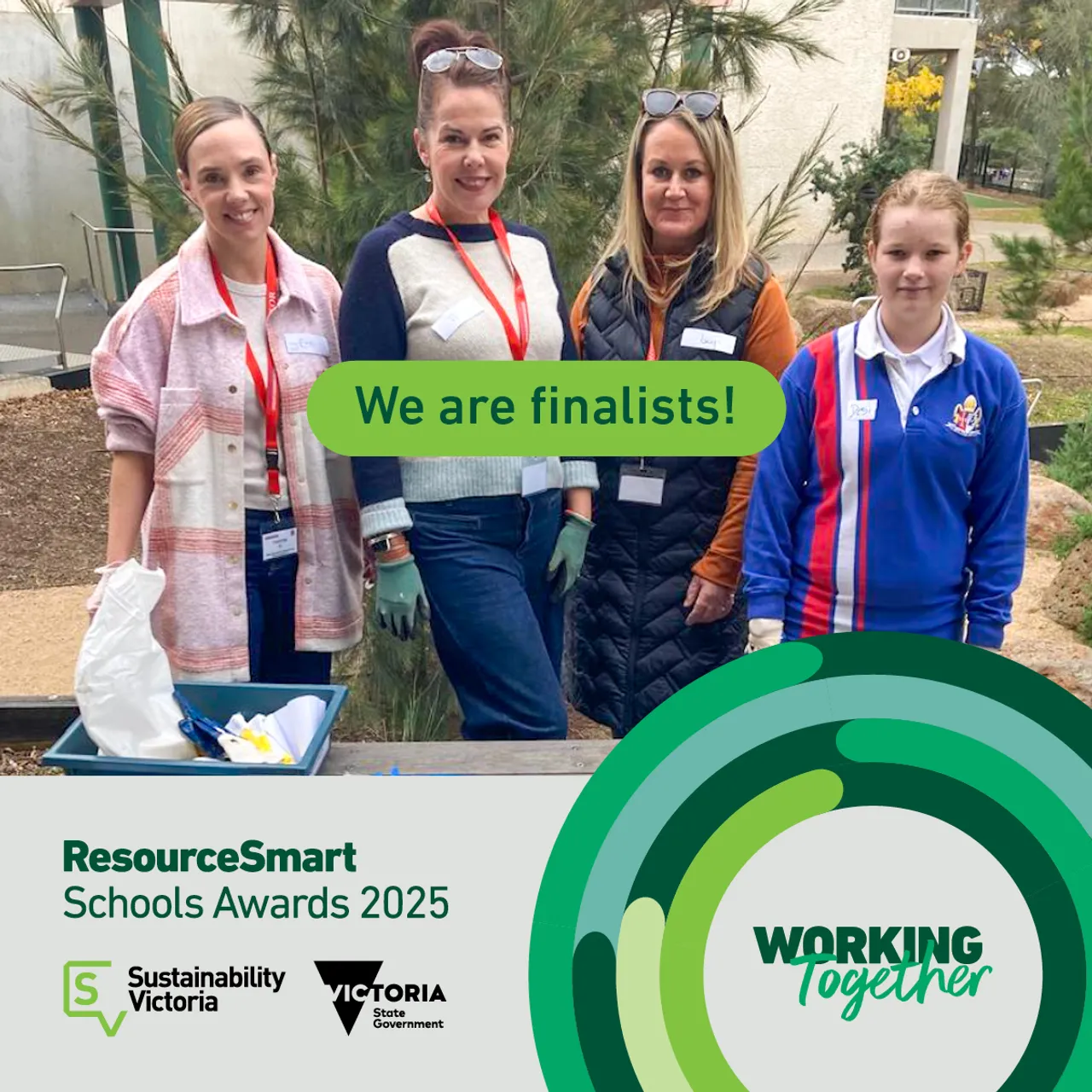 Commemorative image from Sustainability Victoria, announcing Overnewton's nomination as finalists in the 2025 ResourceSmart Schools Award. A middle secondary school student is shown posing with three parent volunteers at a Yirramboi Campus 'Clean Up' event.