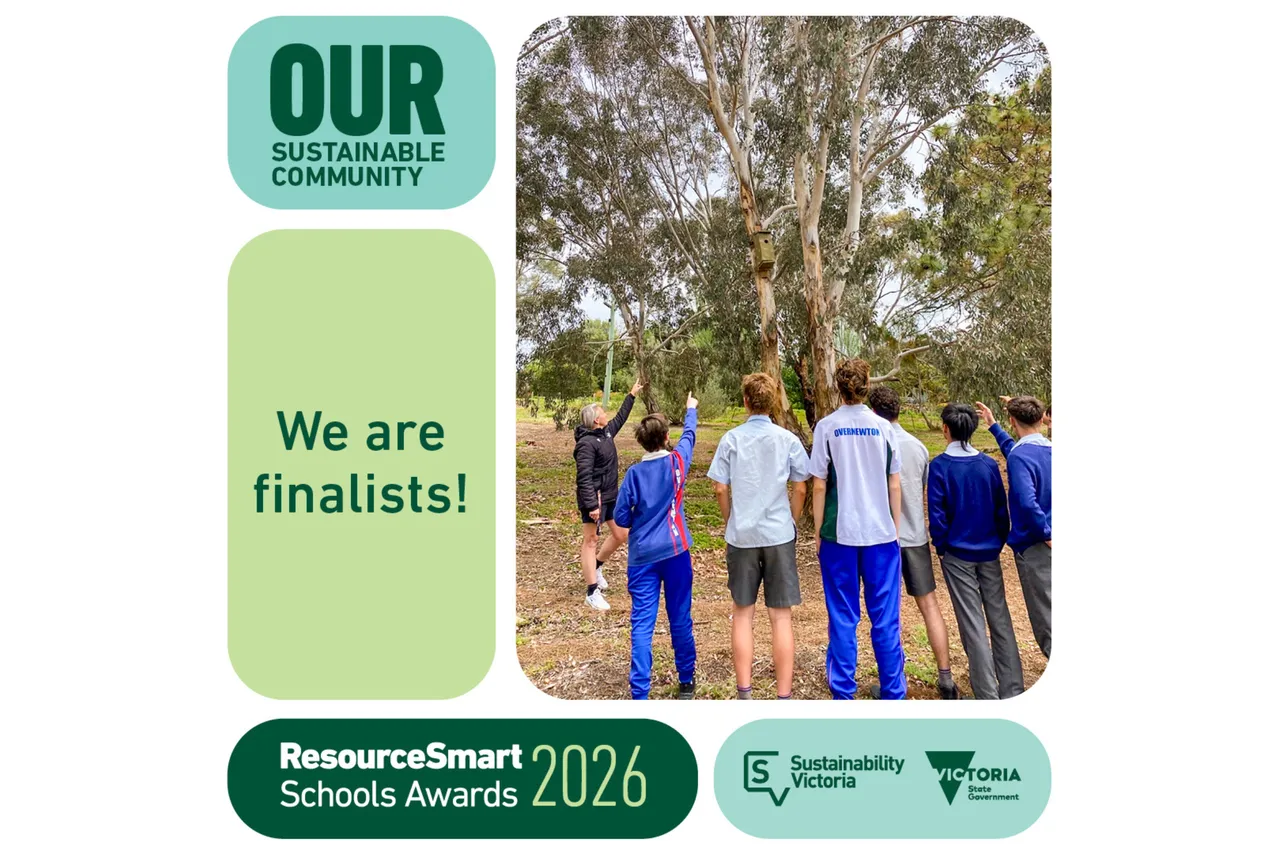 Promotional graphic provided by ResourceSchools Victoria announcing Overnewton as 2026 Award finalist. Features an image of Teacher of the Year nominee Natalie Di Sauro pointing to a bird box high in a tree with a group of upper secondary school aged students watching on.