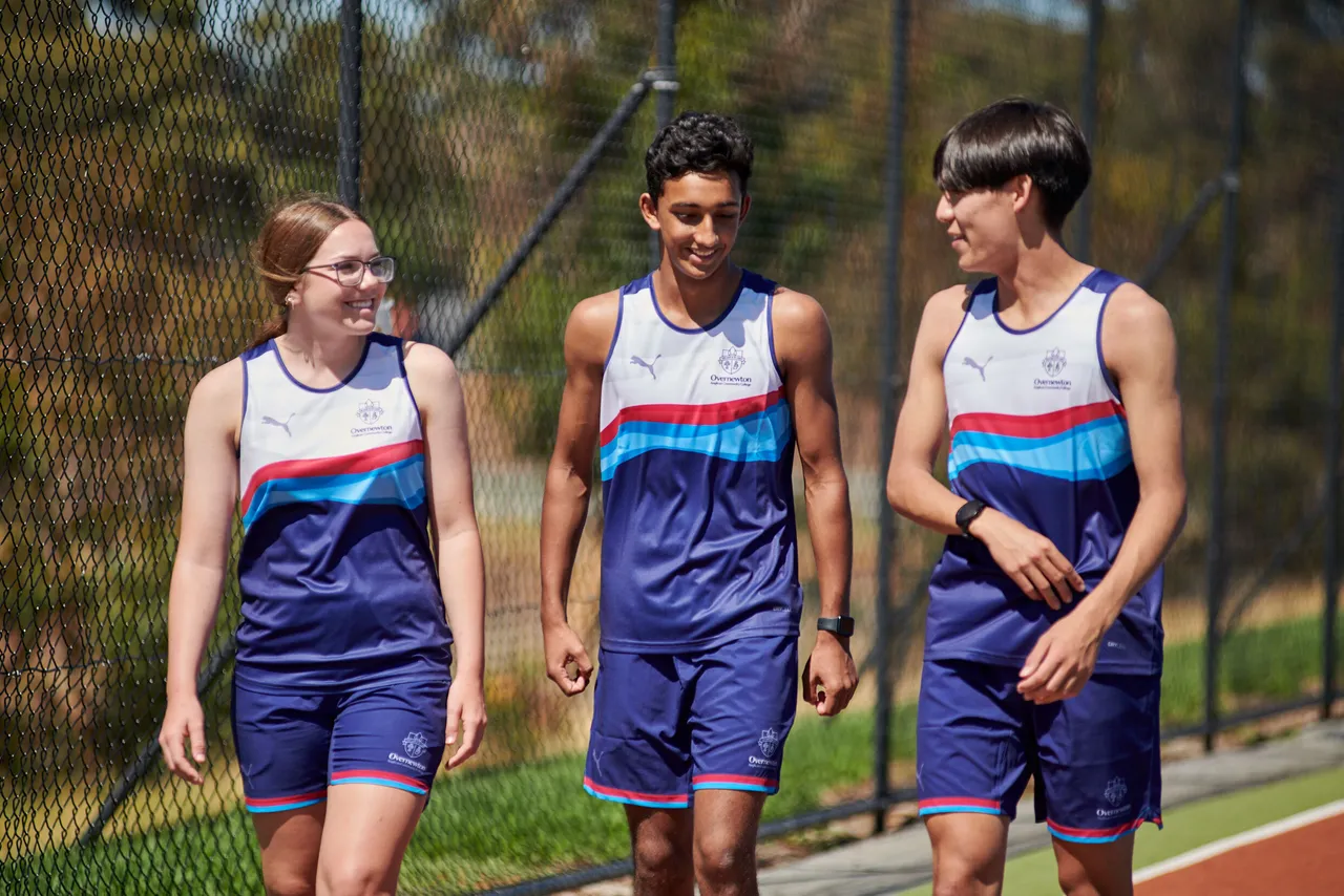 Senior secondary school aged students wearing the new Overnewton Competitive Sportswear athletics uniform.