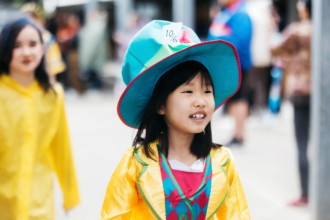 Middle primary school aged student dressed as a character from a beloved storybook, proudly taking part in Overnewton’s annual Junior School Book Week Parade - a celebration of imagination and the joy of reading.
