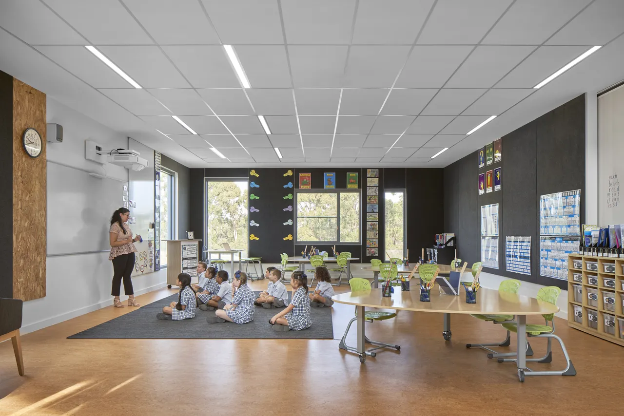 Classroom in action at Canowindra Campus, with a teacher leading a lesson and Prep to Year 2 students sitting on the floor, actively engaged in learning.