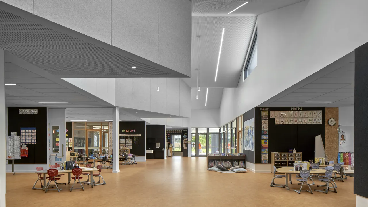 Interior of the Prep wing of the Prep -2 building at Canowindra Campus, showcasing spacious interiors, vaulted ceilings and highly positioned windows that fill the space with natural light.