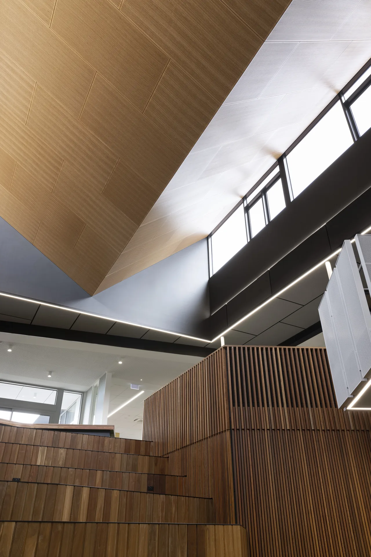 Interior of the award-winning Middle School building at Yirramboi Campus, showcasing vaulted timber ceilings and side skylights that flood the space with natural light, with the internal amphitheatre stairs also visible.