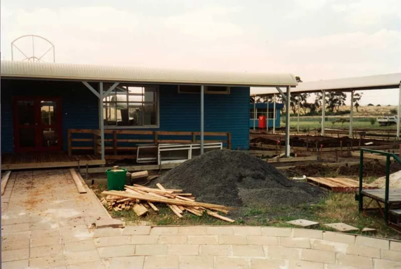 Archival photo from 1995 showing the early stages of construction at Overnewton’s new Taylors Lakes Campus, with buildings partially constructed and the site actively being developed.