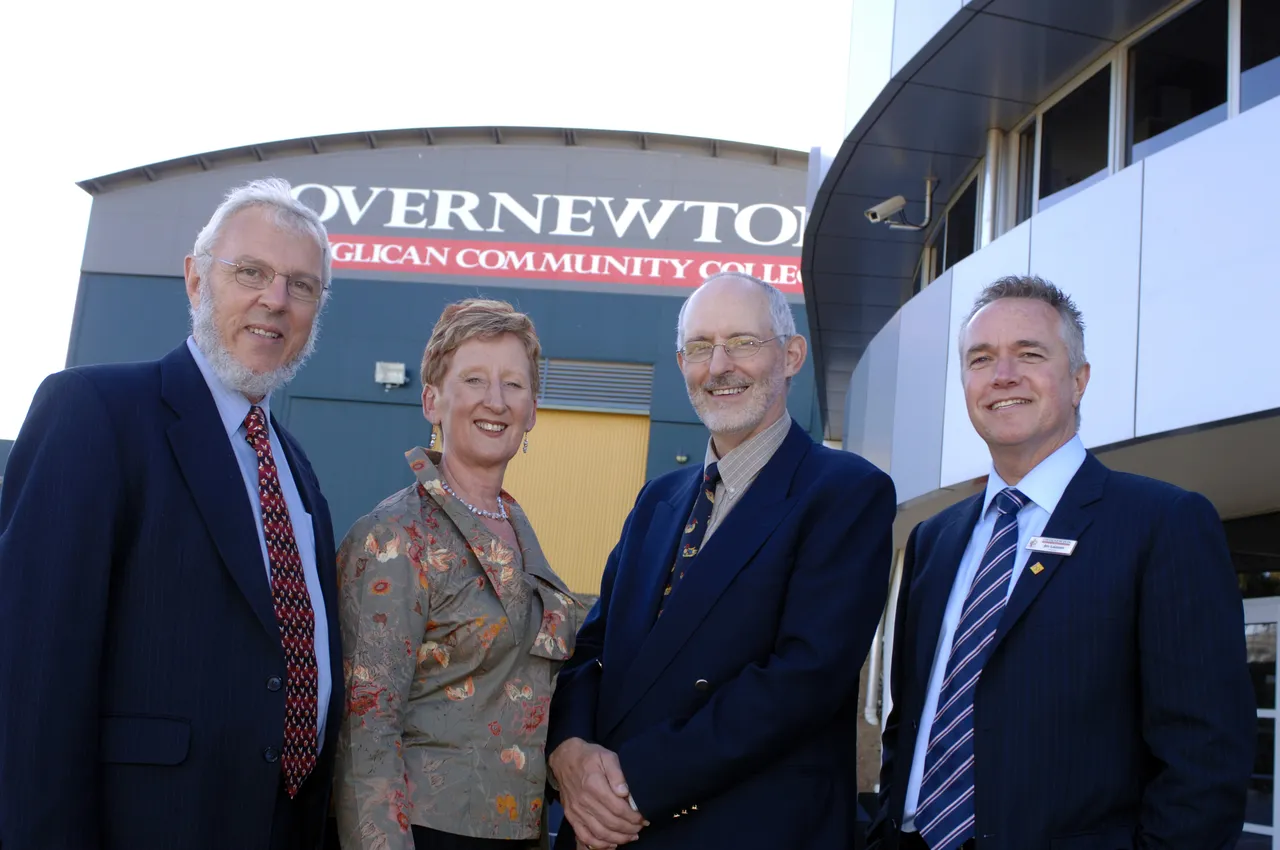 Group photo of Overnewton’s four previous Principals standing together, capturing a rare moment of shared leadership history and legacy.