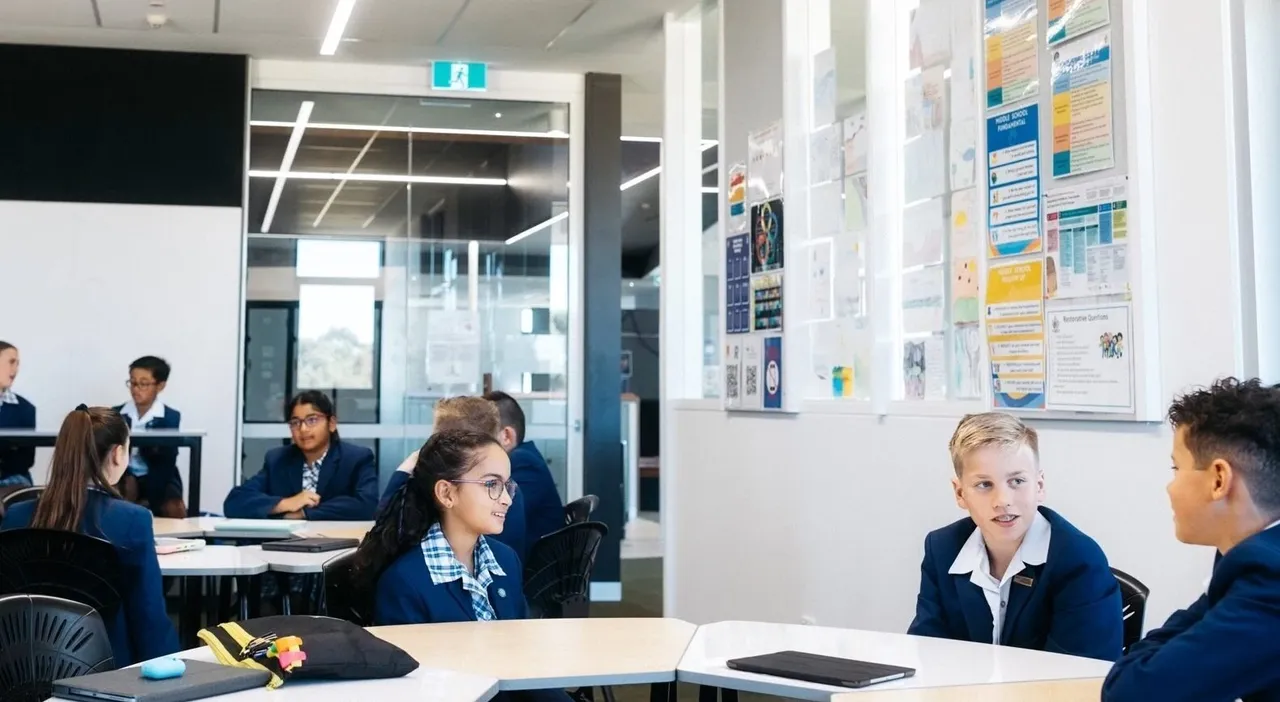 Middle School students in a classroom inside the award-winning Middle School building at Yirramboi Campus, seated in groups at both low and high tables, actively engaged in learning.