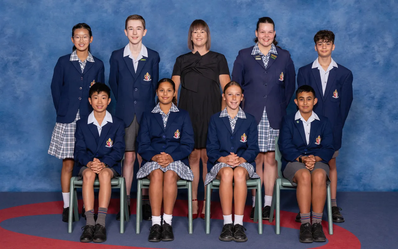 Formal photo of the Middle School Student Representative Council for 2026 with the Head of Middle School, Jodi Fitzgerald-Tate.