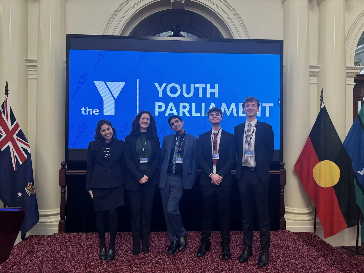 Group of senior secondary school aged students attending a session at Parliament House in Melbourne, proudly representing Overnewton as part of the YMCA Youth Parliament program—a standout experience within the Be Heard Co Curricular program.