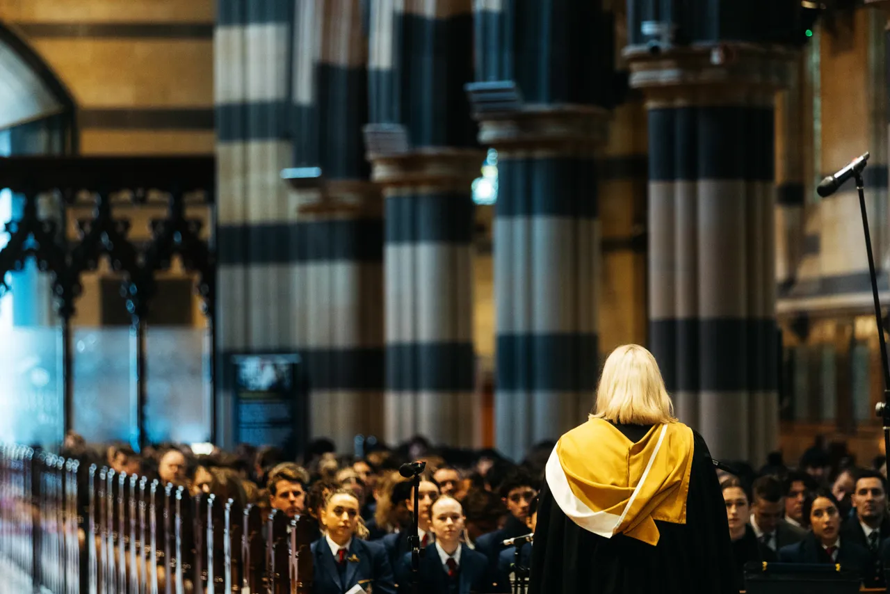 Stunning rear shot of the Principal delivering an address at St Paul’s Cathedral, with a sea of Overnewton students filling the impressive space during the Founders Day Service.