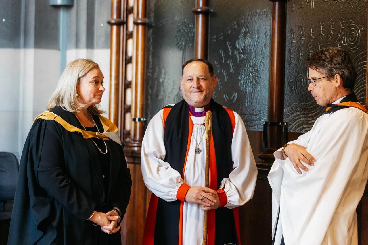 Members of the clergy in quiet conversation with the Principal at St Paul’s Cathedral following a Founders Day Service, reflecting a moment of connection and shared purpose within the Overnewton community.