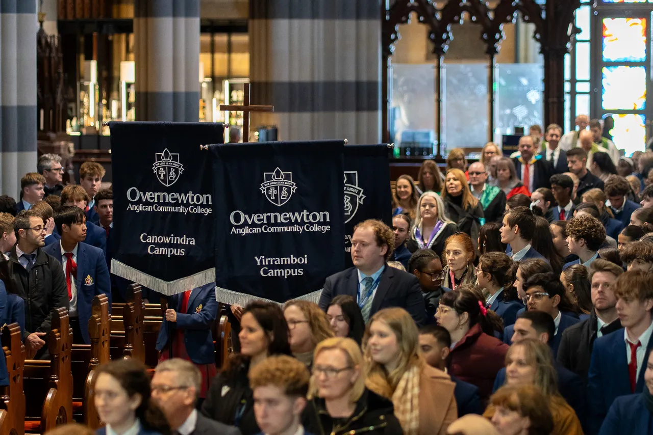College Leadership Team of Overnewton Anglican Community College, an independent Anglican school in Melbourne, processing into St Paul’s Cathedral behind the College banners to open the annual Founders’ Day Service.