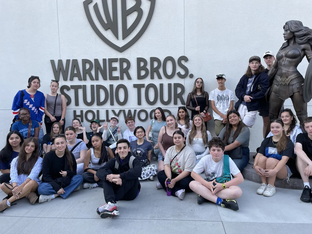 Tour group of upper secondary school aged performing arts students in front of the Warner Bros. Studio Tour during a cultural excursion on Overnewton’s 2025 USA Co Curricular Getaways tour.