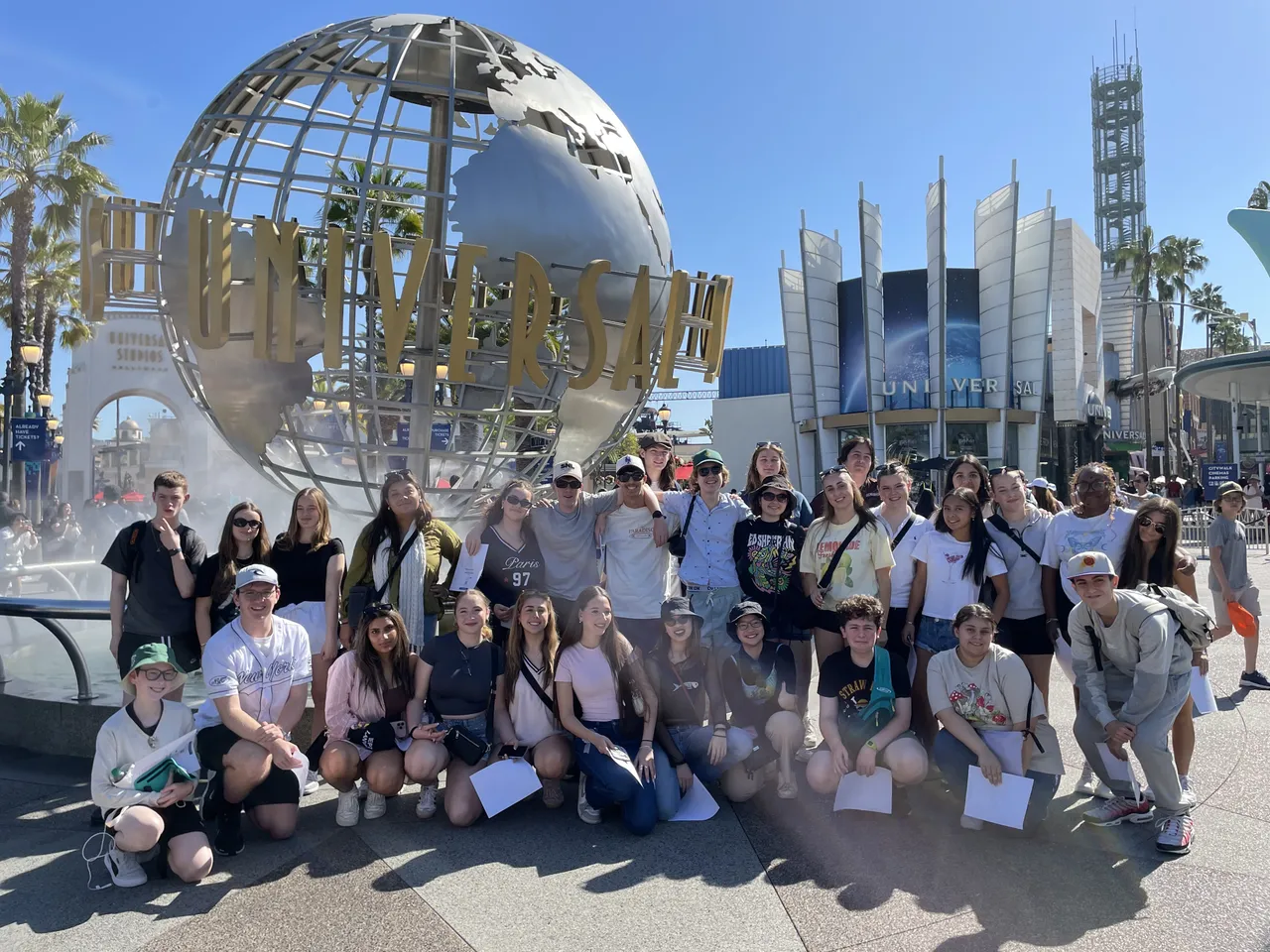 Tour group of upper secondary school aged performing arts students in front of the iconic Universal Studios globe during a cultural excursion on Overnewton’s 2025 USA Co Curricular Getaways tour.