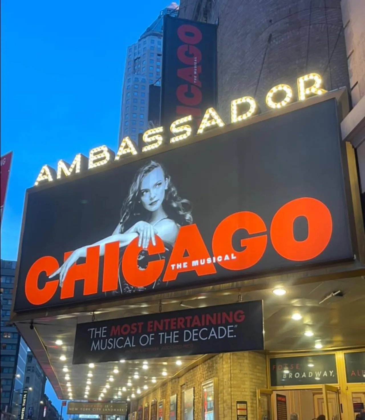 Exterior of New York Broadway theatre show Chicago, captured during Overnewton's Co Curricular Getaways USA educational travel tour.