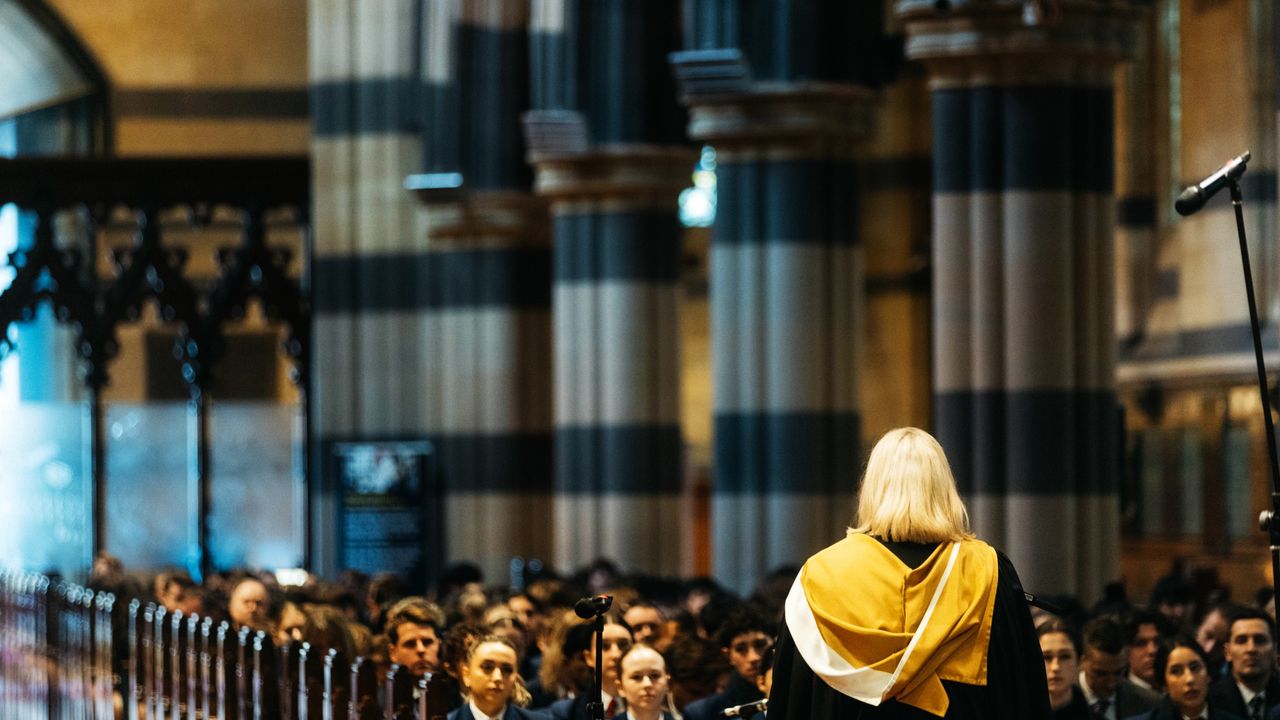 Stunning rear shot of the Principal delivering an address at St Paul’s Cathedral, with a sea of Overnewton students filling the impressive space during the Founders Day Service.