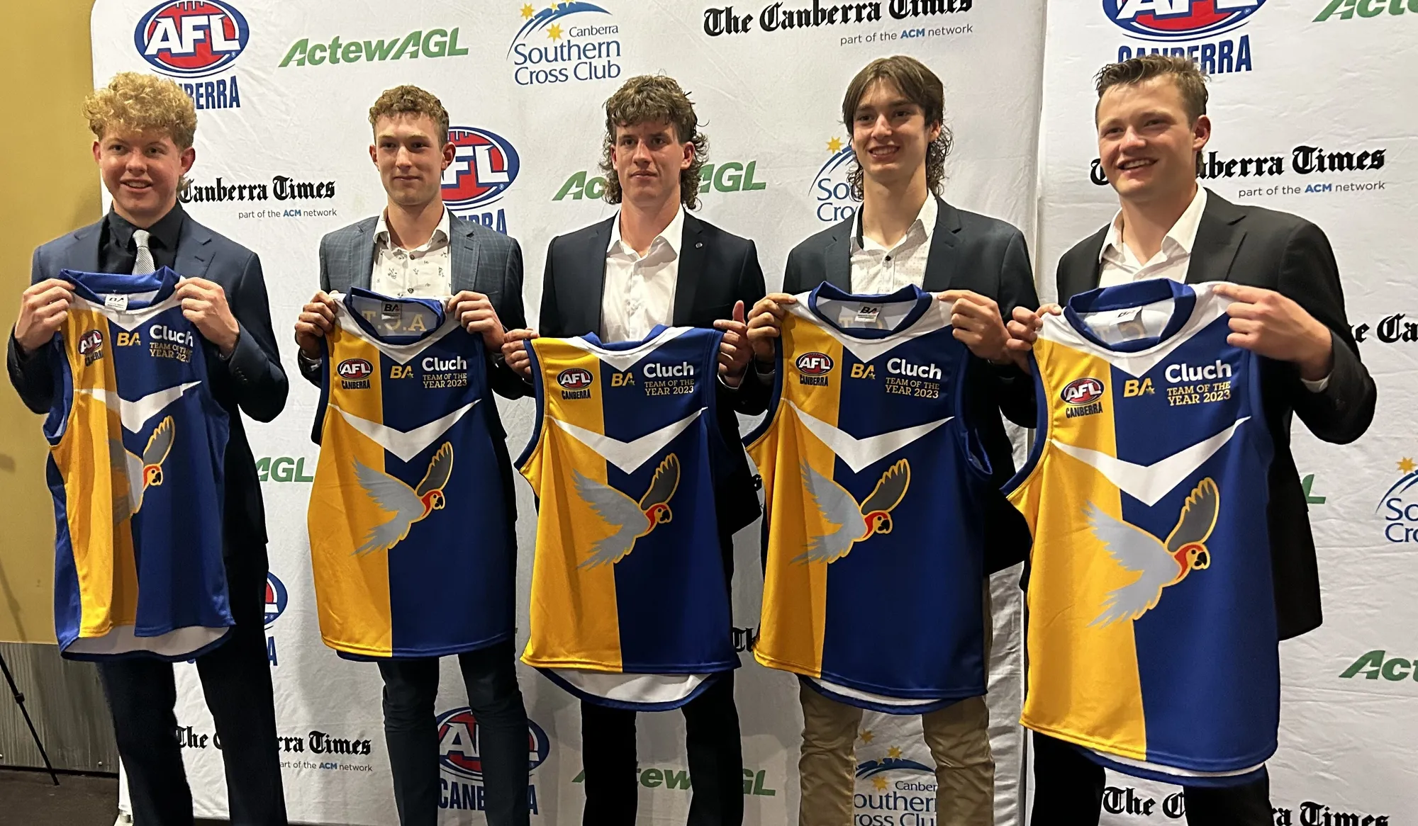 Joey Slater (left) and Patrick Walker (right) with their Belconnen Magpies teammates who made the Future Stars Team.
