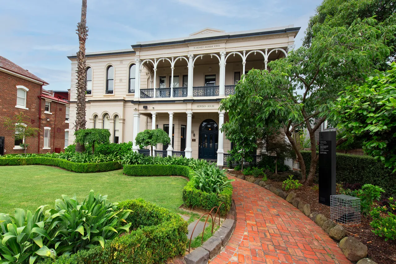Photo of Hewison house and the gardens on the St Michael's Campus in St Kilda.