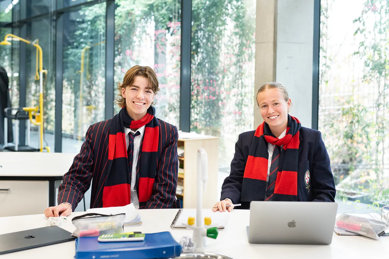 Two St Michael's Grammar School students sit together at a desk near a bright window, smiling during a study session.