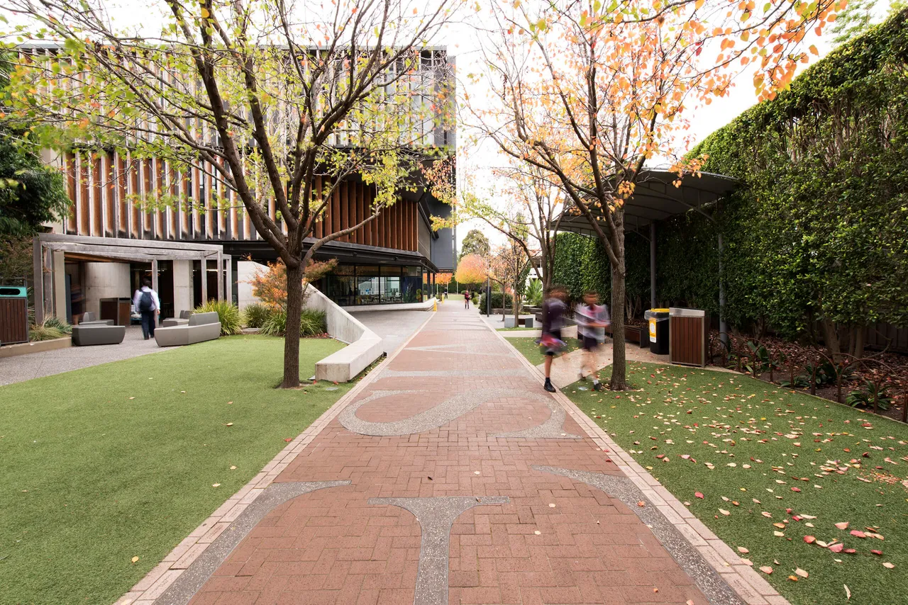 A tree-lined pathway through the St Michael's Grammar School campus on an autumn day.